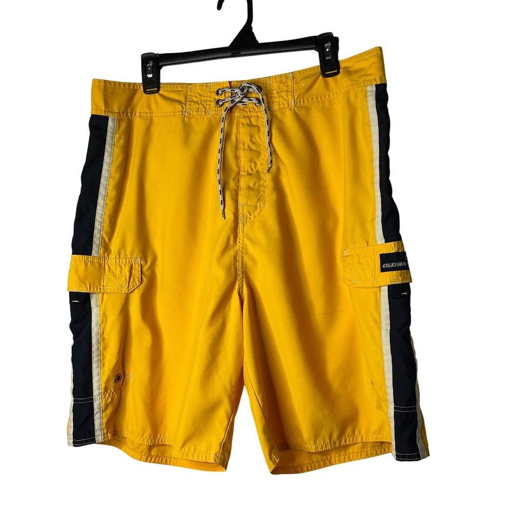 Old Navy Mens Yellow Cargo Board Shorts Swim Trunks Striped Size Large